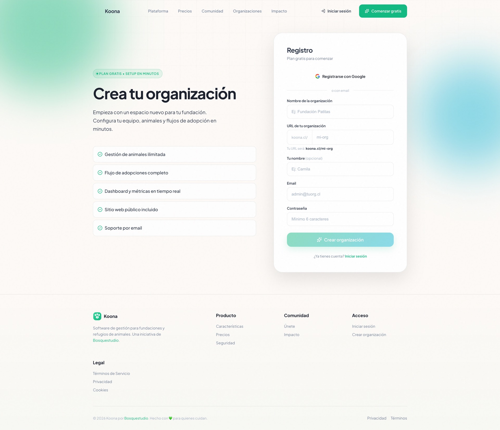 Flujo de registro de Koona — Crear nueva organización